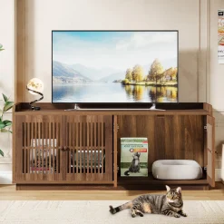 55" Litter Box Furniture, Cat Litter Box Enclosure with 2 Cabinets and Side Entrance