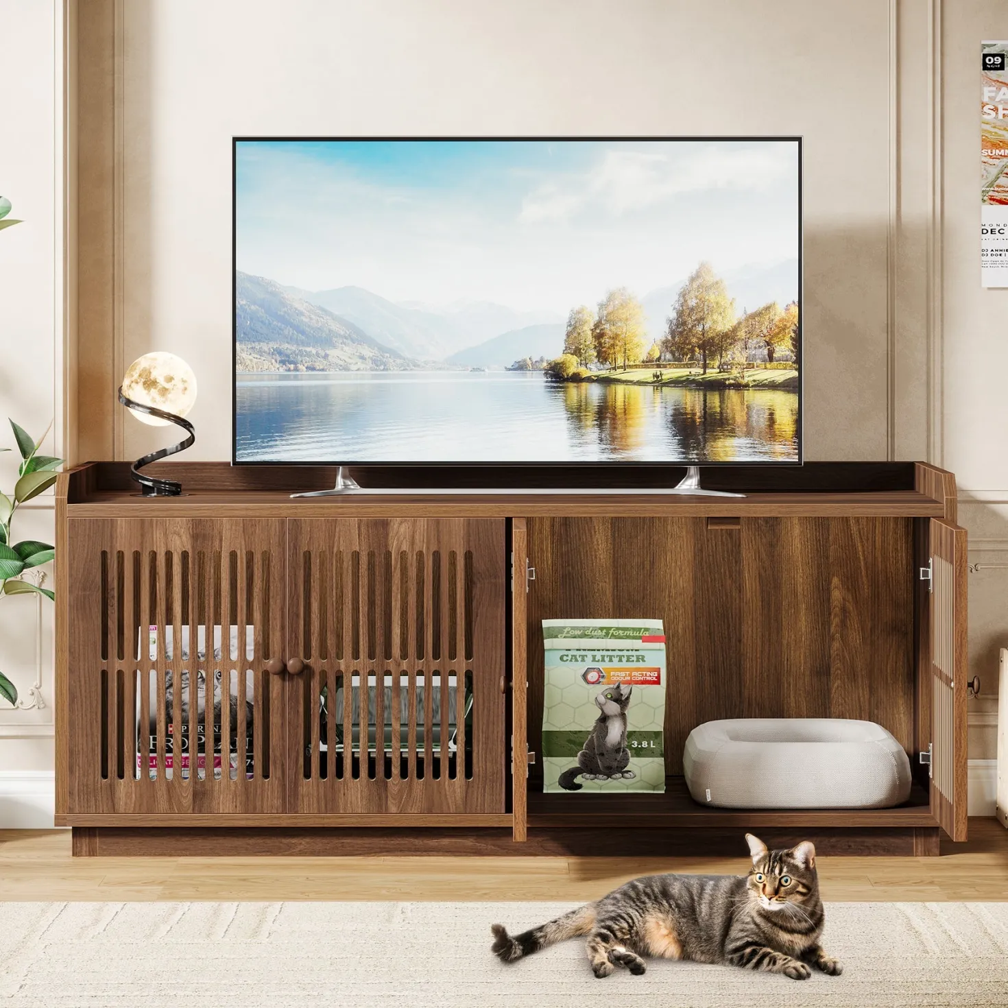 55" Litter Box Furniture, Cat Litter Box Enclosure with 2 Cabinets and Side Entrance