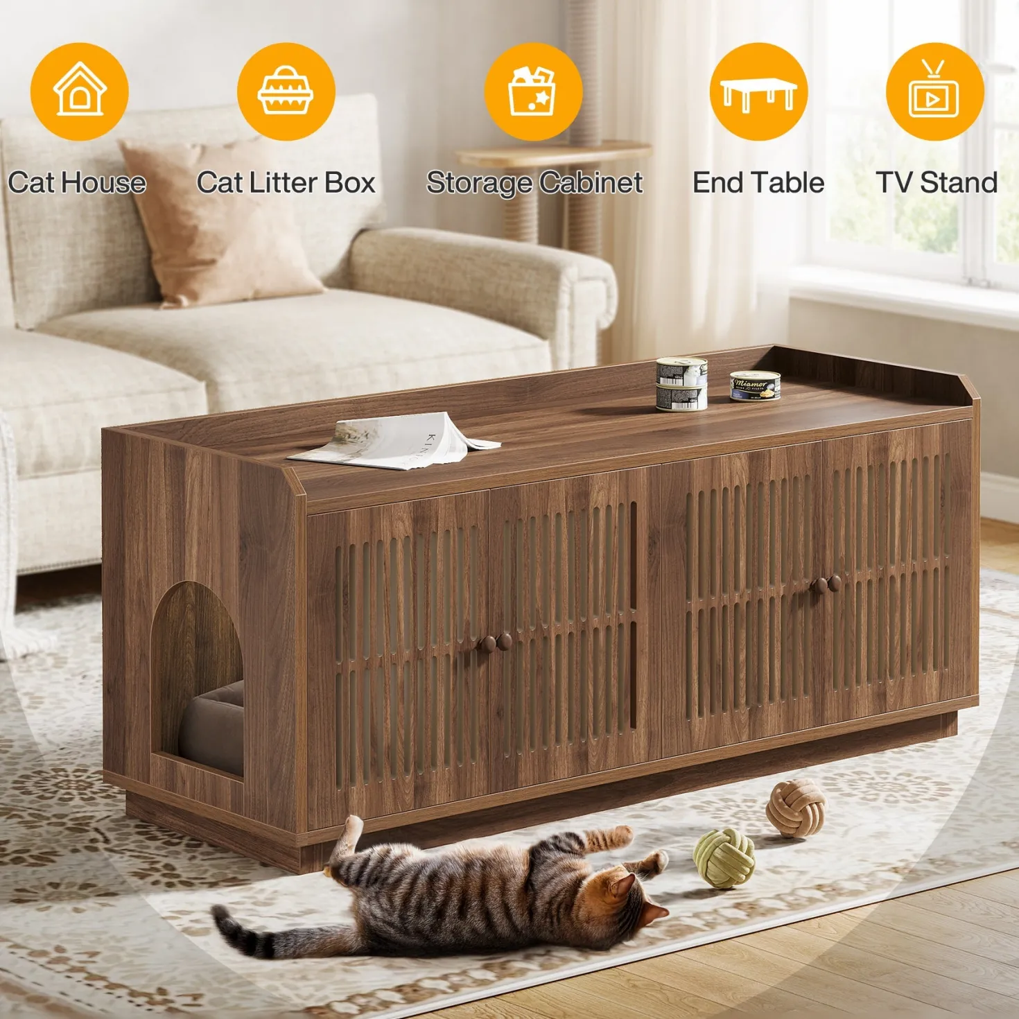 55" Litter Box Furniture, Cat Litter Box Enclosure with 2 Cabinets and Side Entrance
