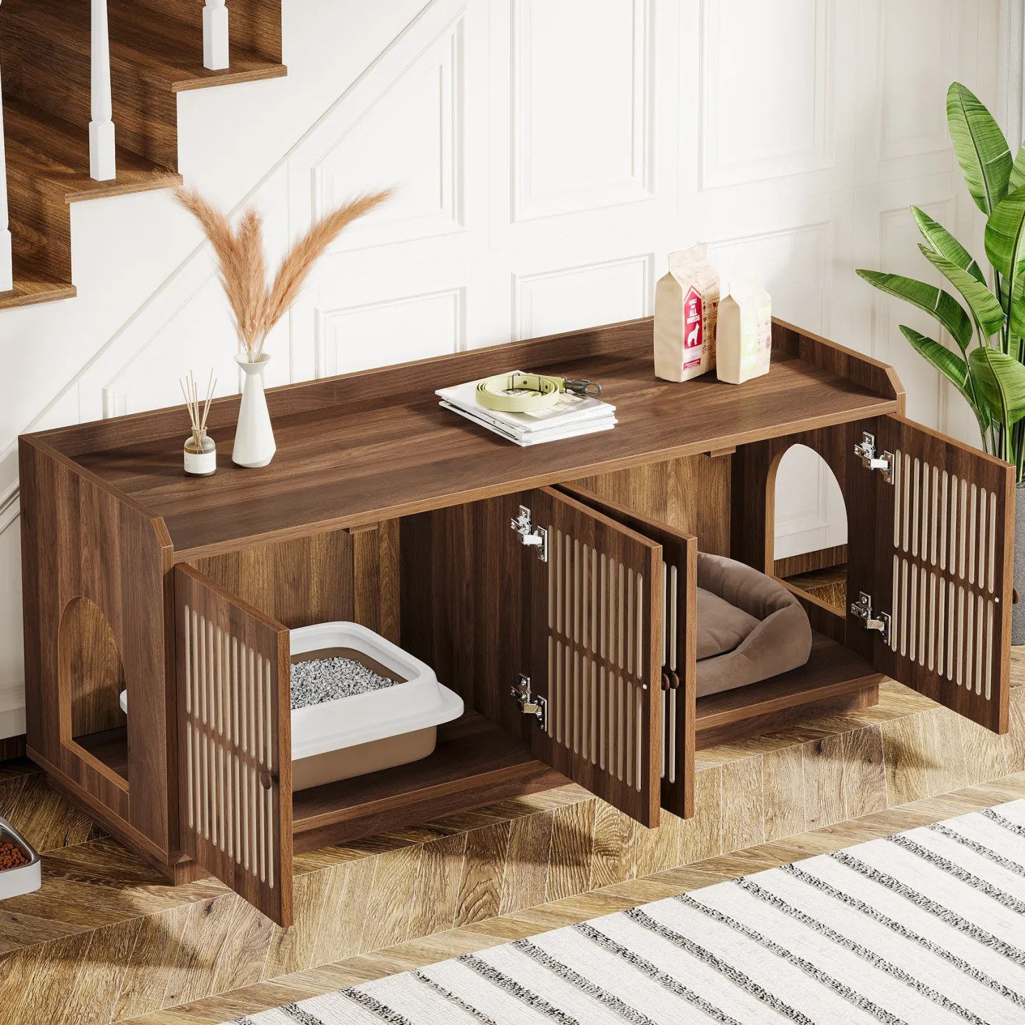 55" Litter Box Furniture, Cat Litter Box Enclosure with 2 Cabinets and Side Entrance