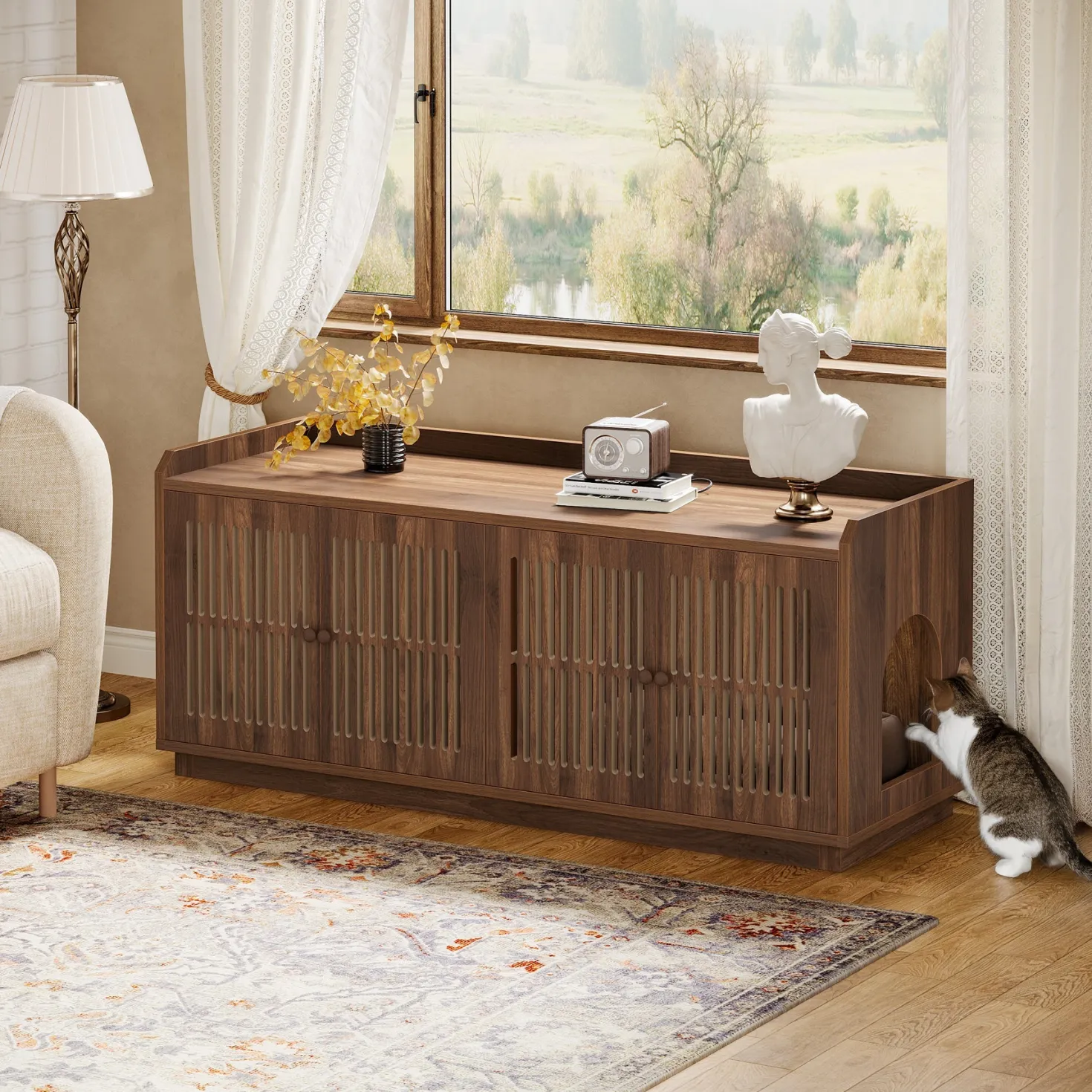 55" Litter Box Furniture, Cat Litter Box Enclosure with 2 Cabinets and Side Entrance