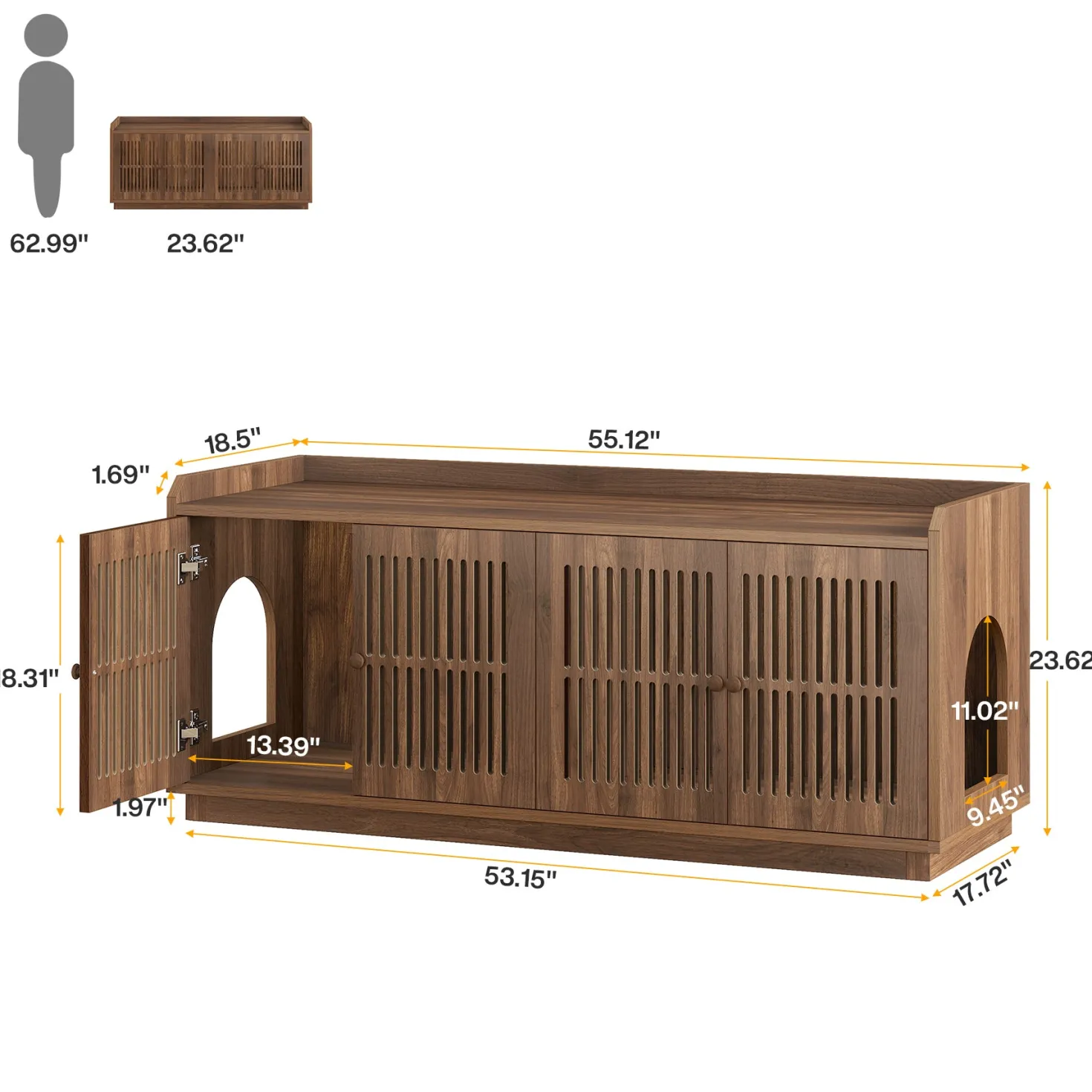 55" Litter Box Furniture, Cat Litter Box Enclosure with 2 Cabinets and Side Entrance
