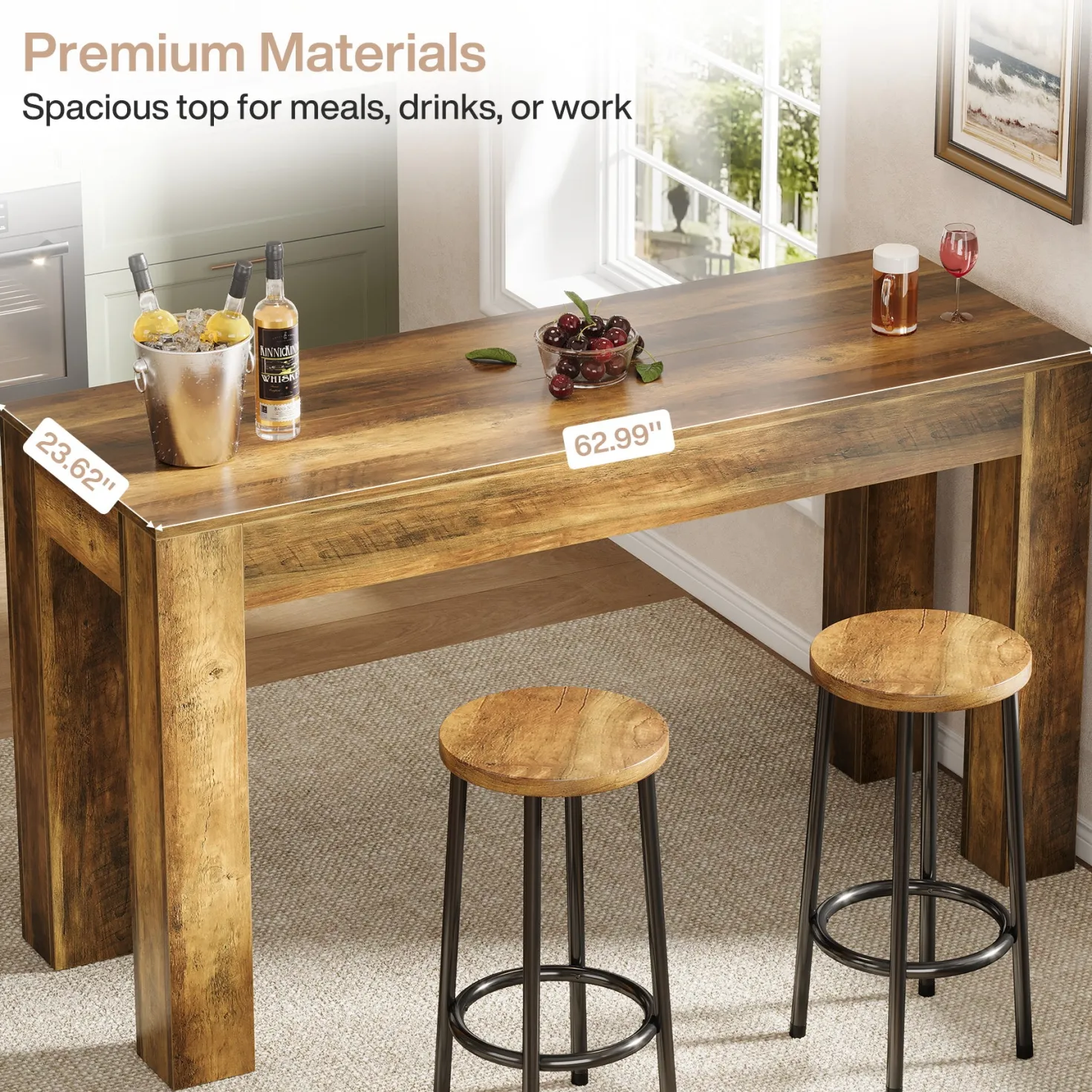 63" Long Bar Table, Rectangular Counter Height Pub Table with Sturdy Legs