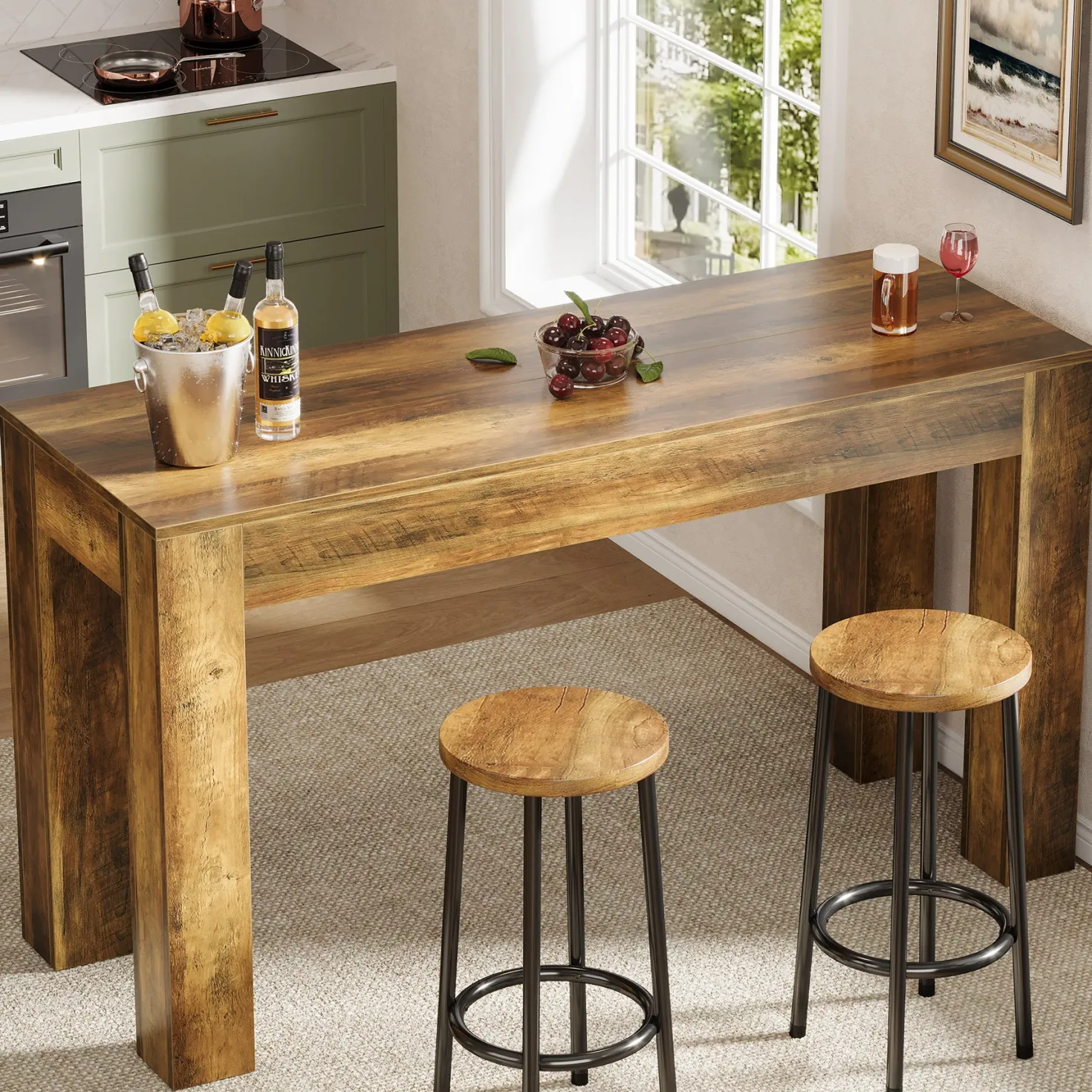 63" Long Bar Table, Rectangular Counter Height Pub Table with Sturdy Legs