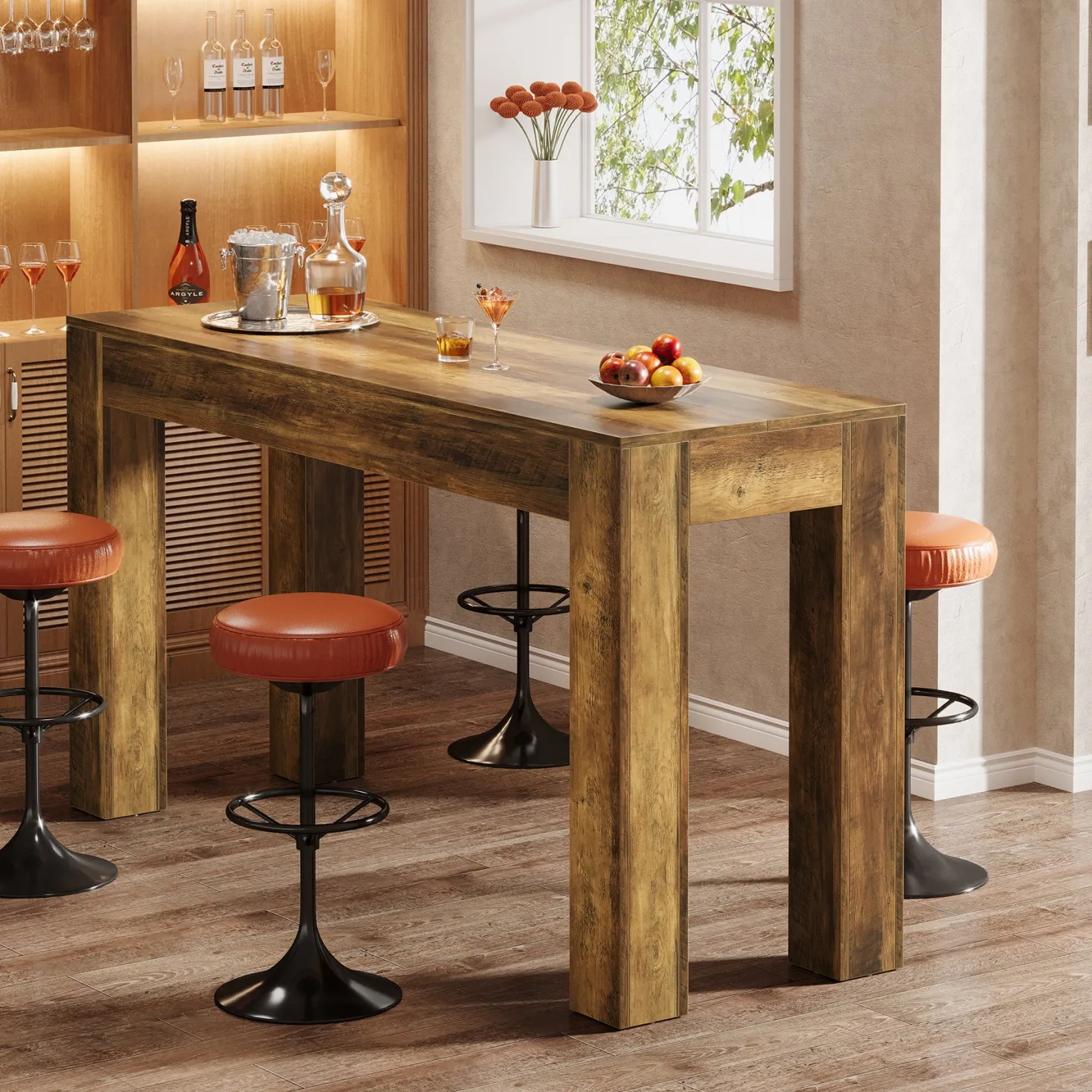 63" Long Bar Table, Rectangular Counter Height Pub Table with Sturdy Legs