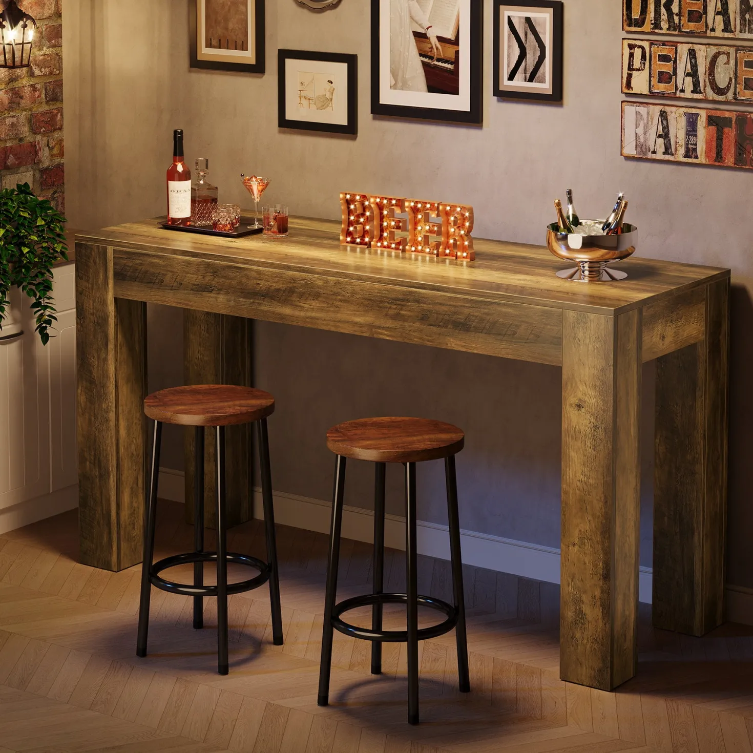 63" Long Bar Table, Rectangular Counter Height Pub Table with Sturdy Legs