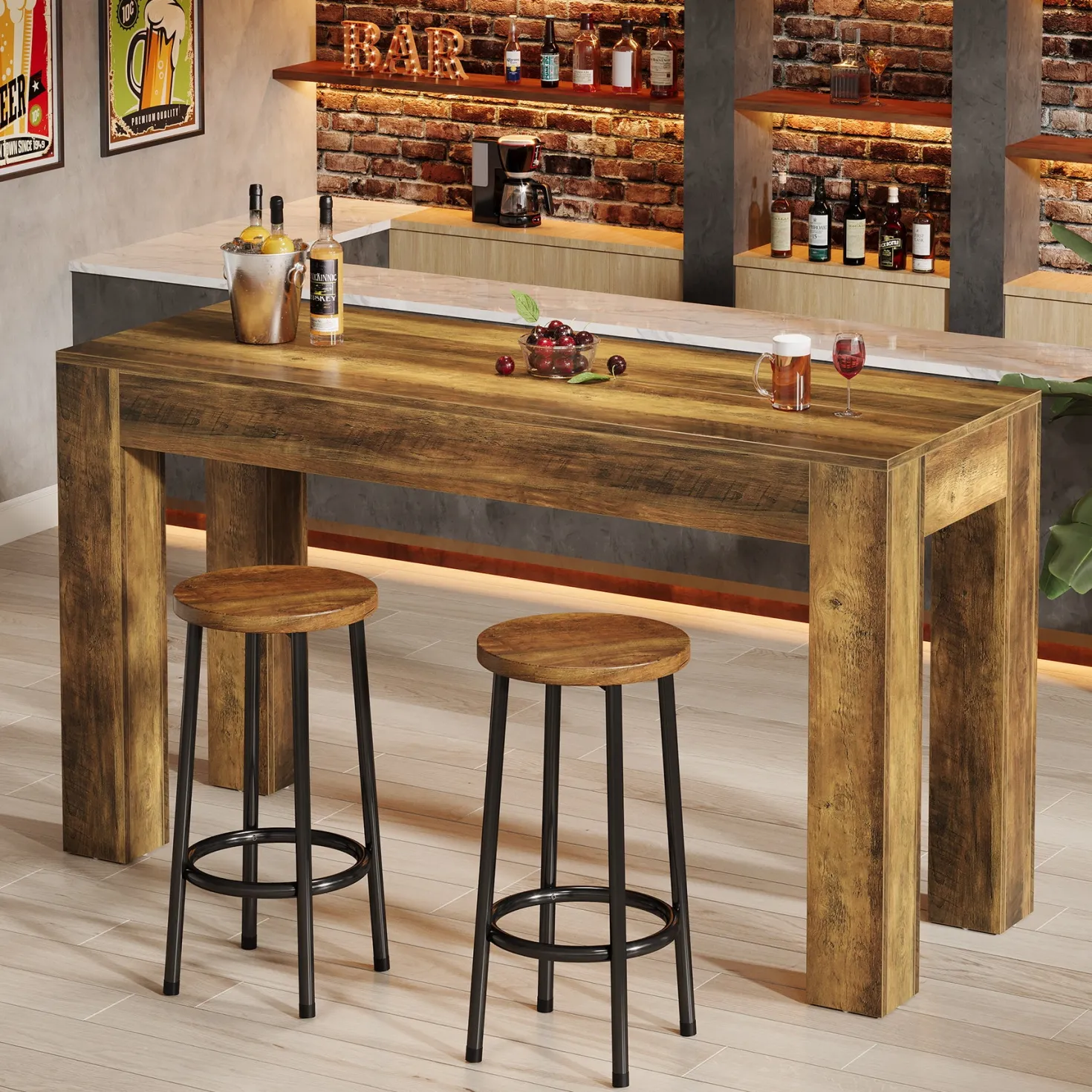 63" Long Bar Table, Rectangular Counter Height Pub Table with Sturdy Legs