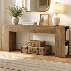 79" Long Console Table, Farmhouse Entryway Table with 2 Drawers and Side Storage Shelves