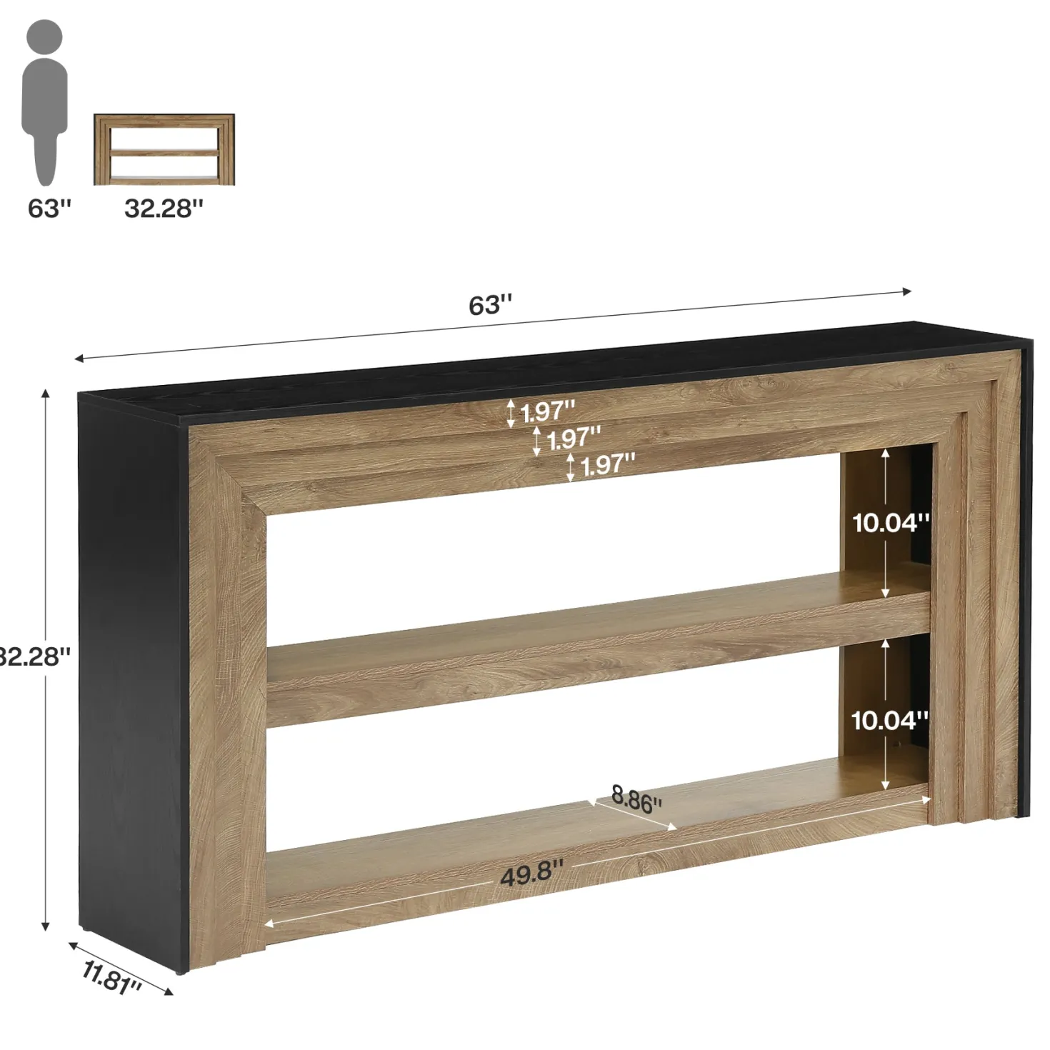 63" Long Console Table, Farmhouse 3-Tier Entryway Table with Storage for Hallway