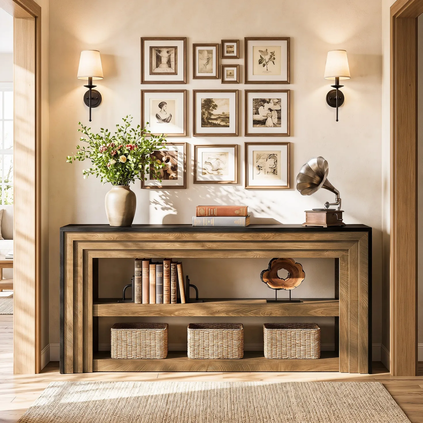 63" Long Console Table, Farmhouse 3-Tier Entryway Table with Storage for Hallway