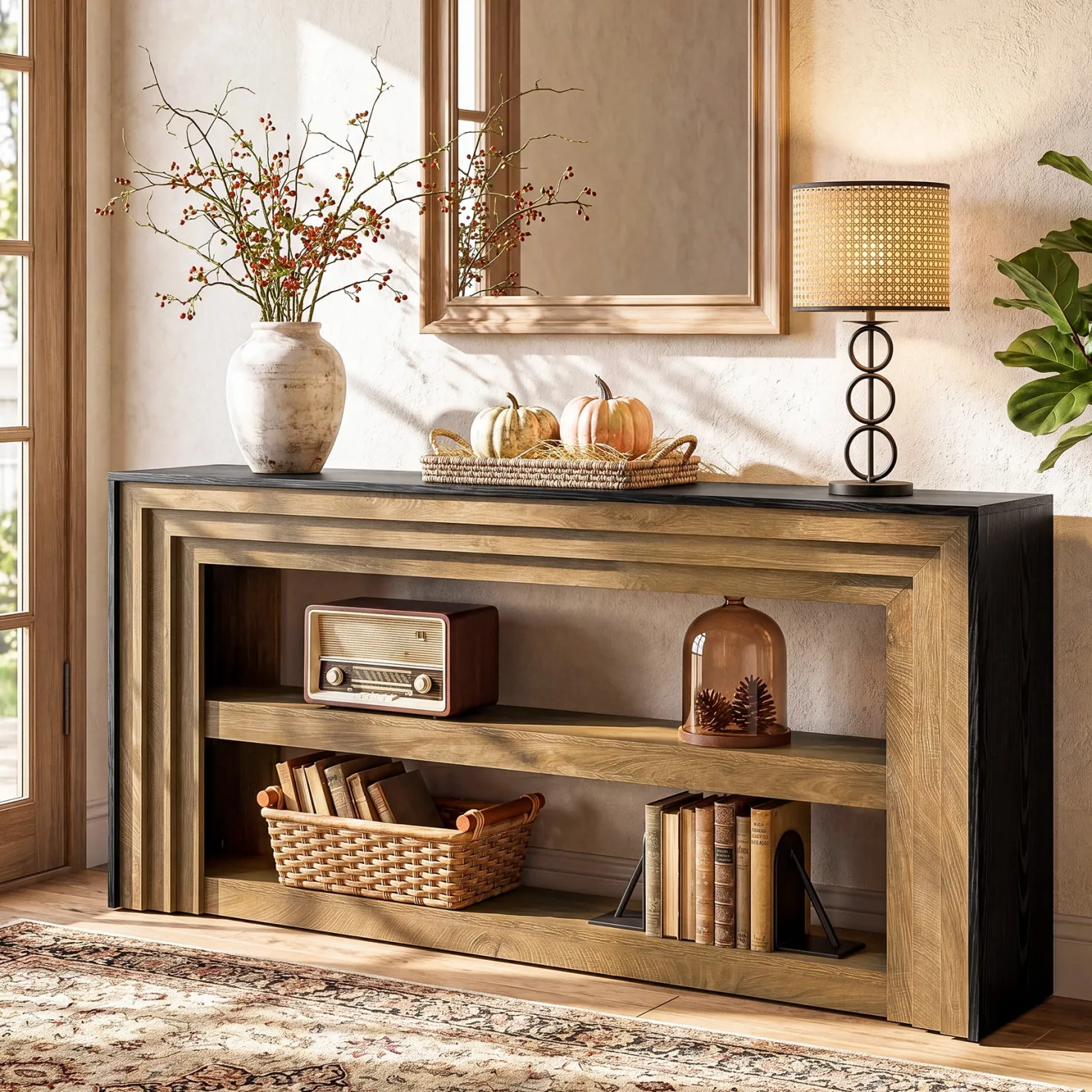 63" Long Console Table, Farmhouse 3-Tier Entryway Table with Storage for Hallway
