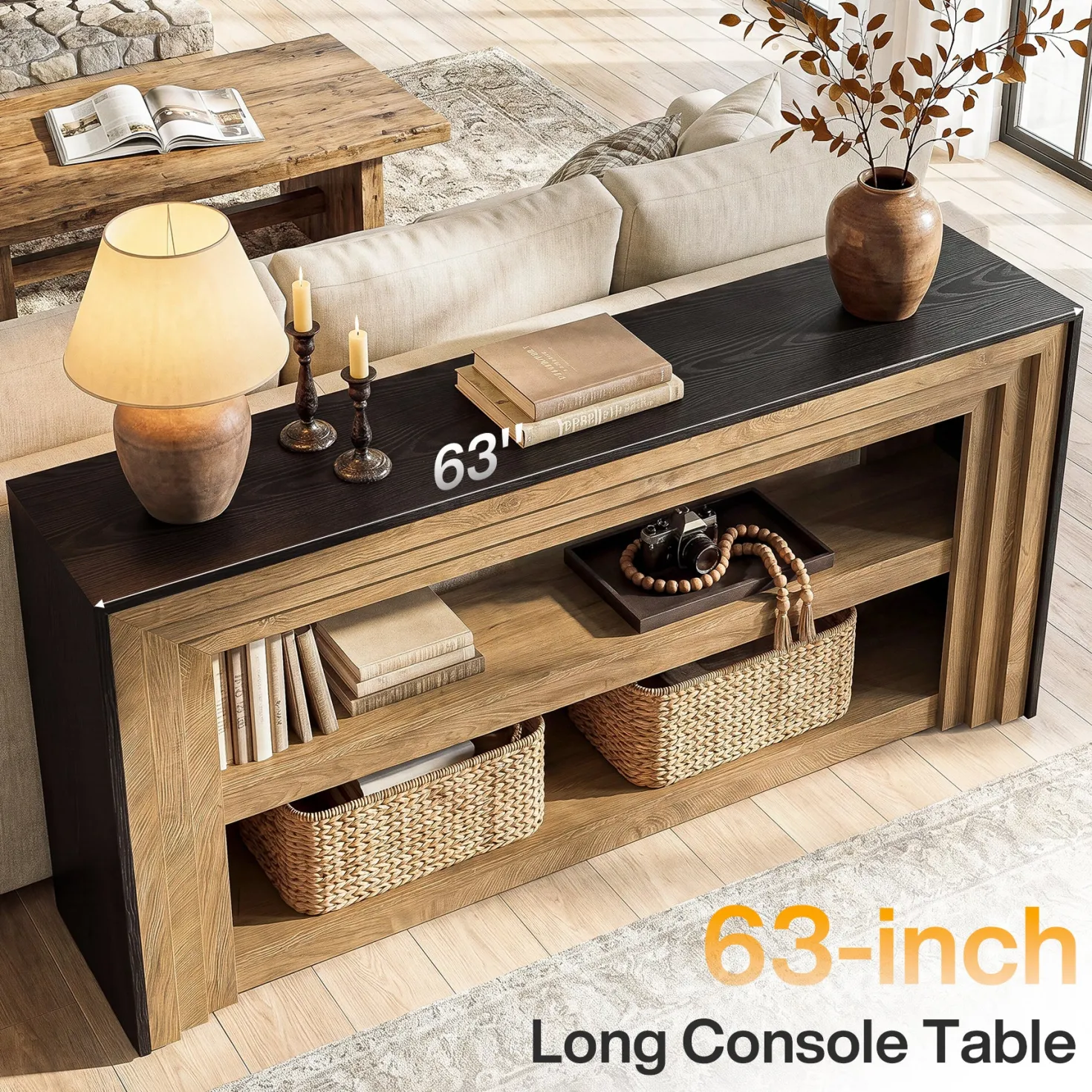 63" Long Console Table, Farmhouse 3-Tier Entryway Table with Storage for Hallway