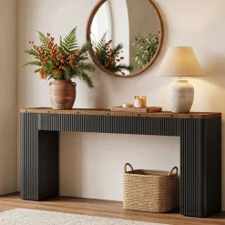 82.7" Long Console Table, Fluted Narrow Sofa Table Entryway Table with Curved Edges