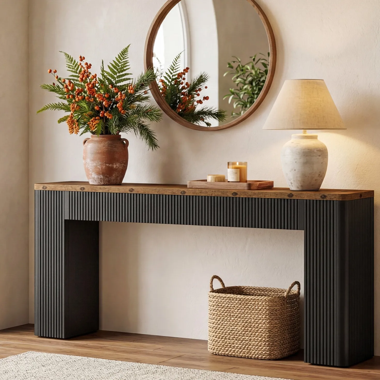 82.7" Long Console Table, Fluted Narrow Sofa Table Entryway Table with Curved Edges