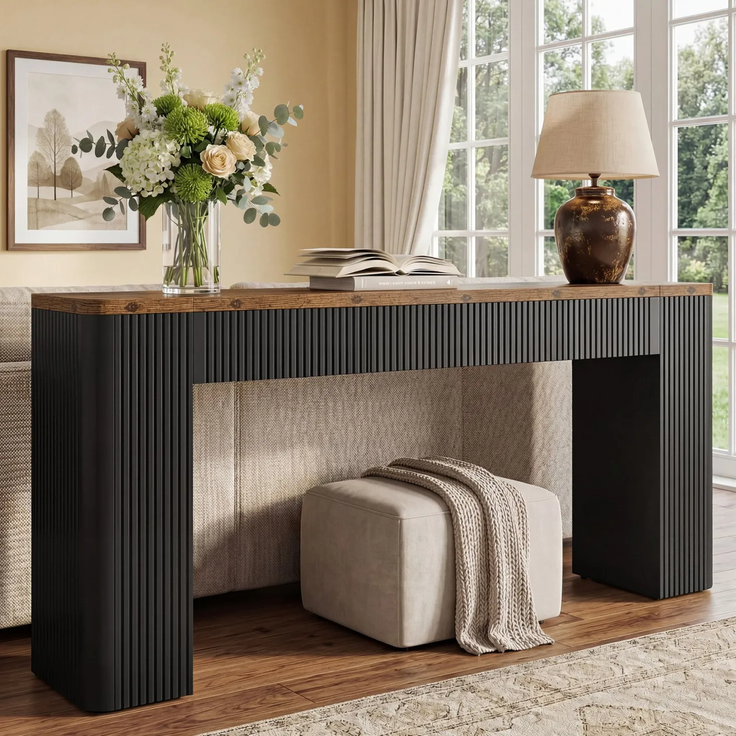 82.7" Long Console Table, Fluted Narrow Sofa Table Entryway Table with Curved Edges