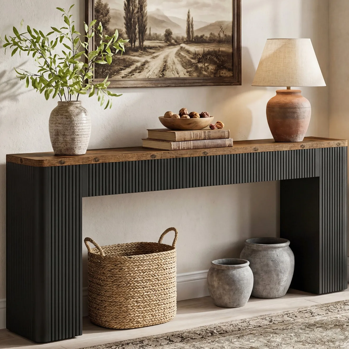 82.7" Long Console Table, Fluted Narrow Sofa Table Entryway Table with Curved Edges