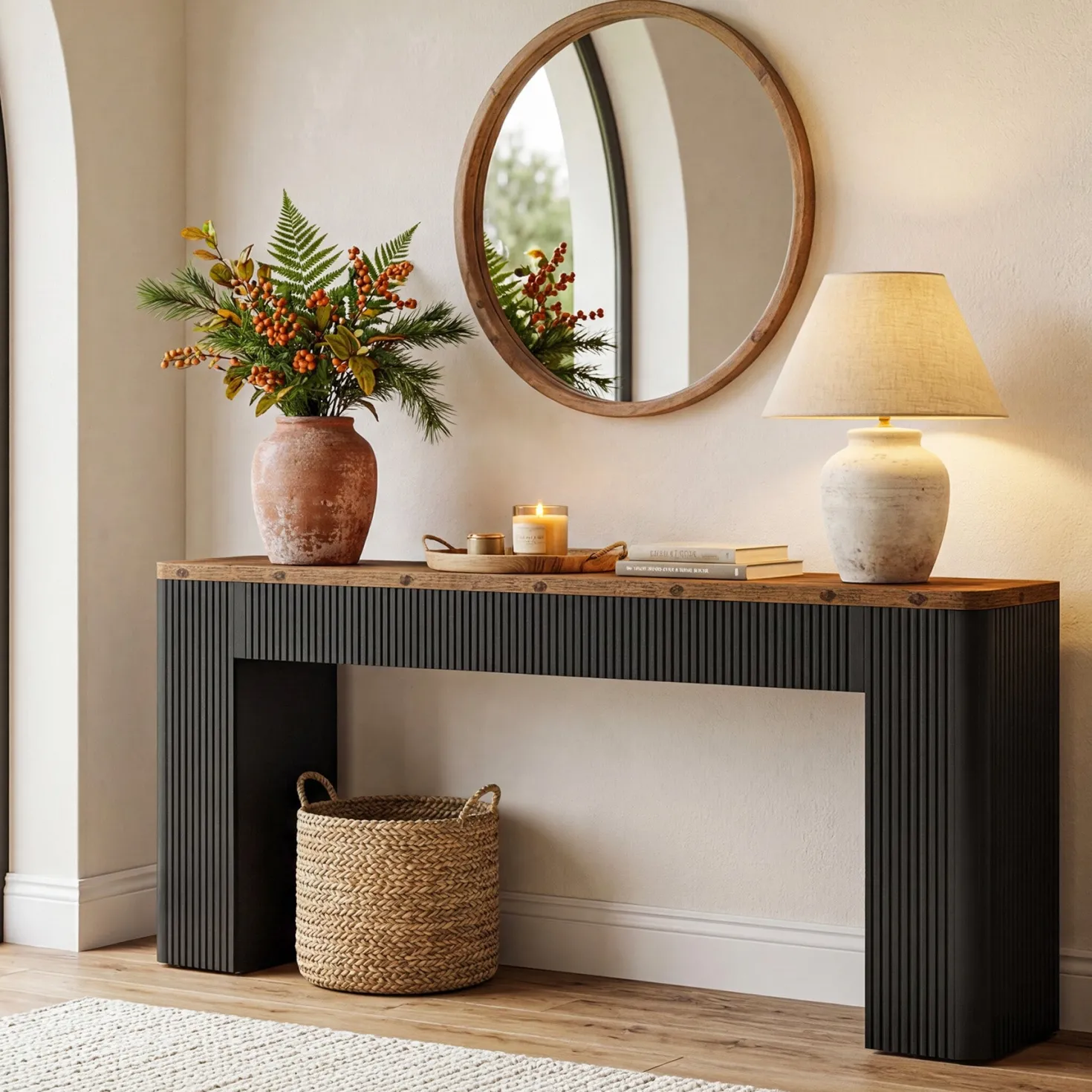 82.7" Long Console Table, Fluted Narrow Sofa Table Entryway Table with Curved Edges