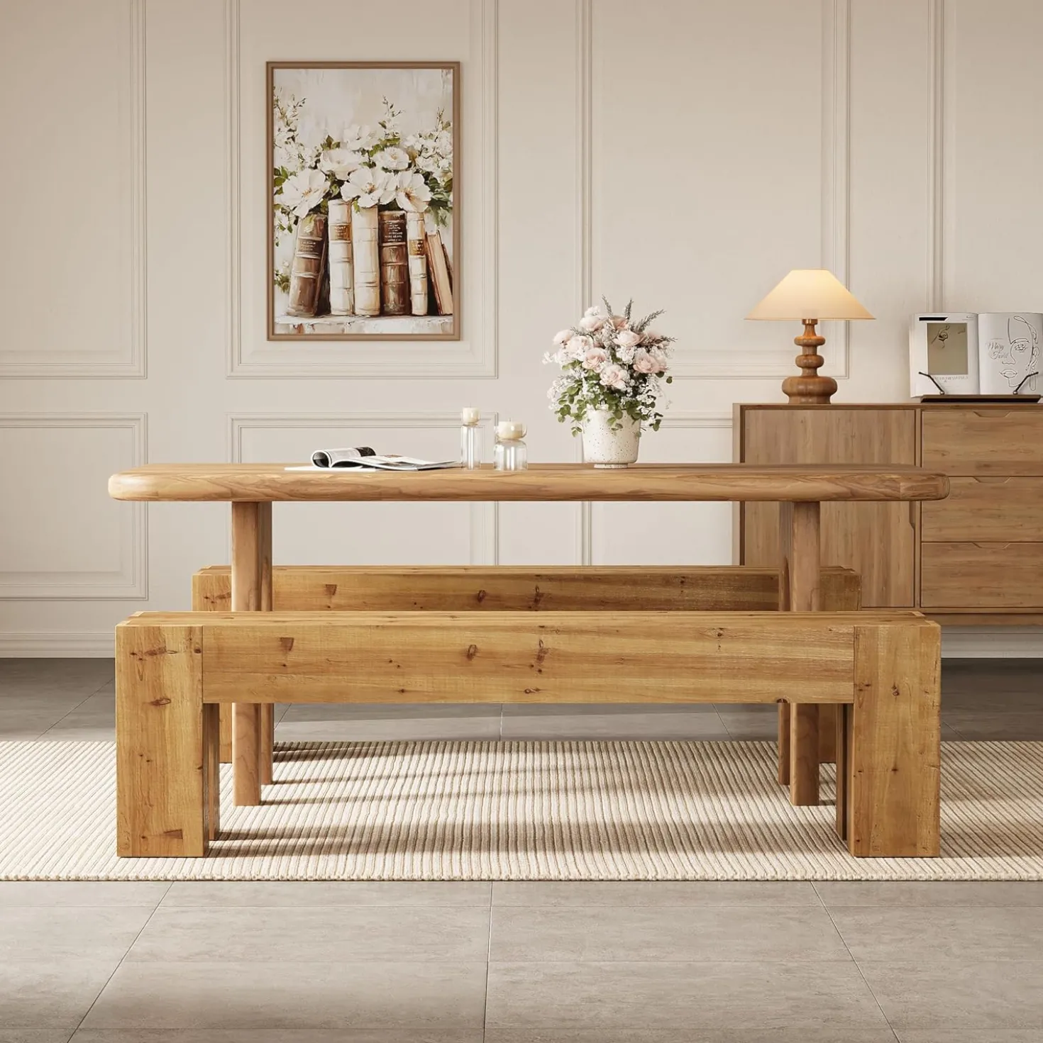 63" Long Dining Bench, Wood Kitchen Table Bench with Sturdy Frame