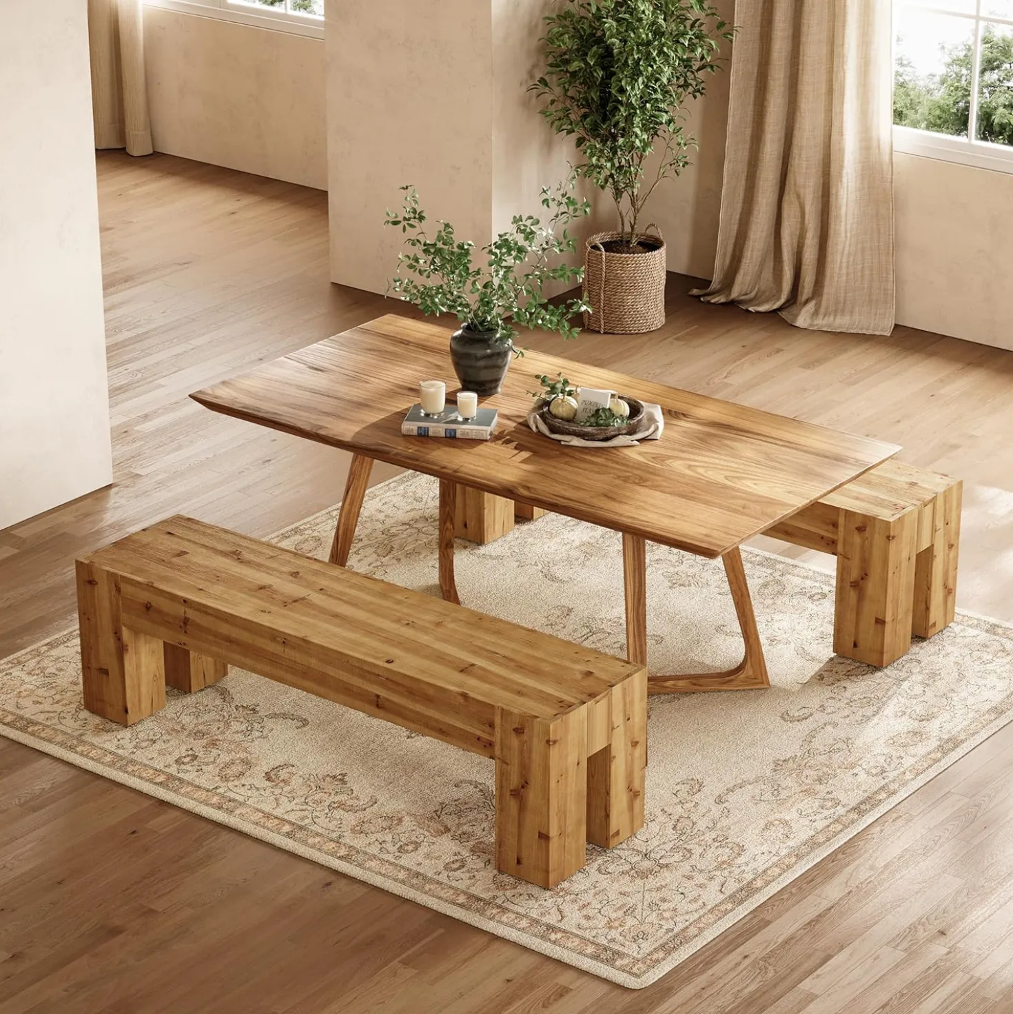 63" Long Dining Bench, Wood Kitchen Table Bench with Sturdy Frame