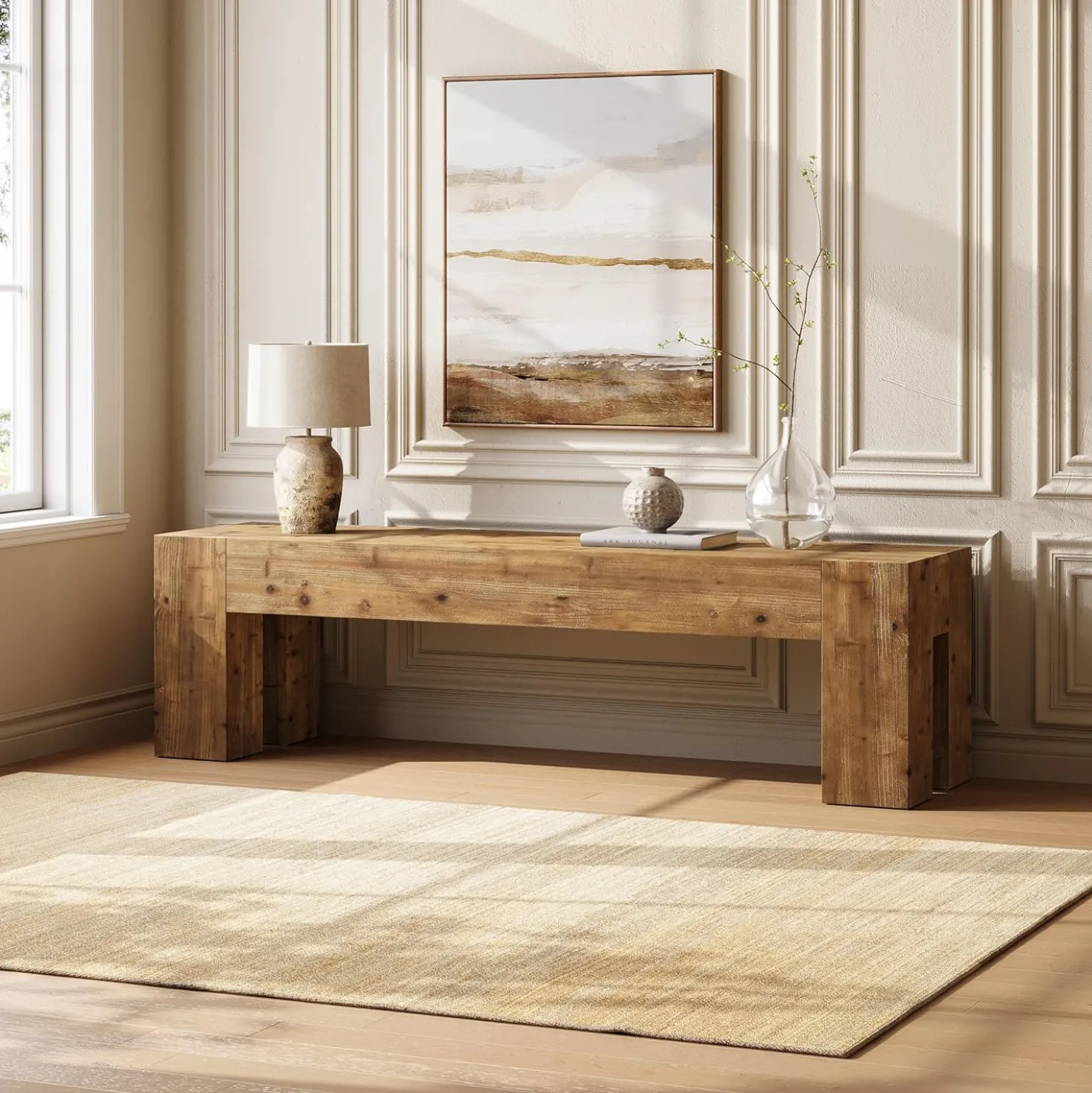 63" Long Dining Bench, Wood Kitchen Table Bench with Sturdy Frame