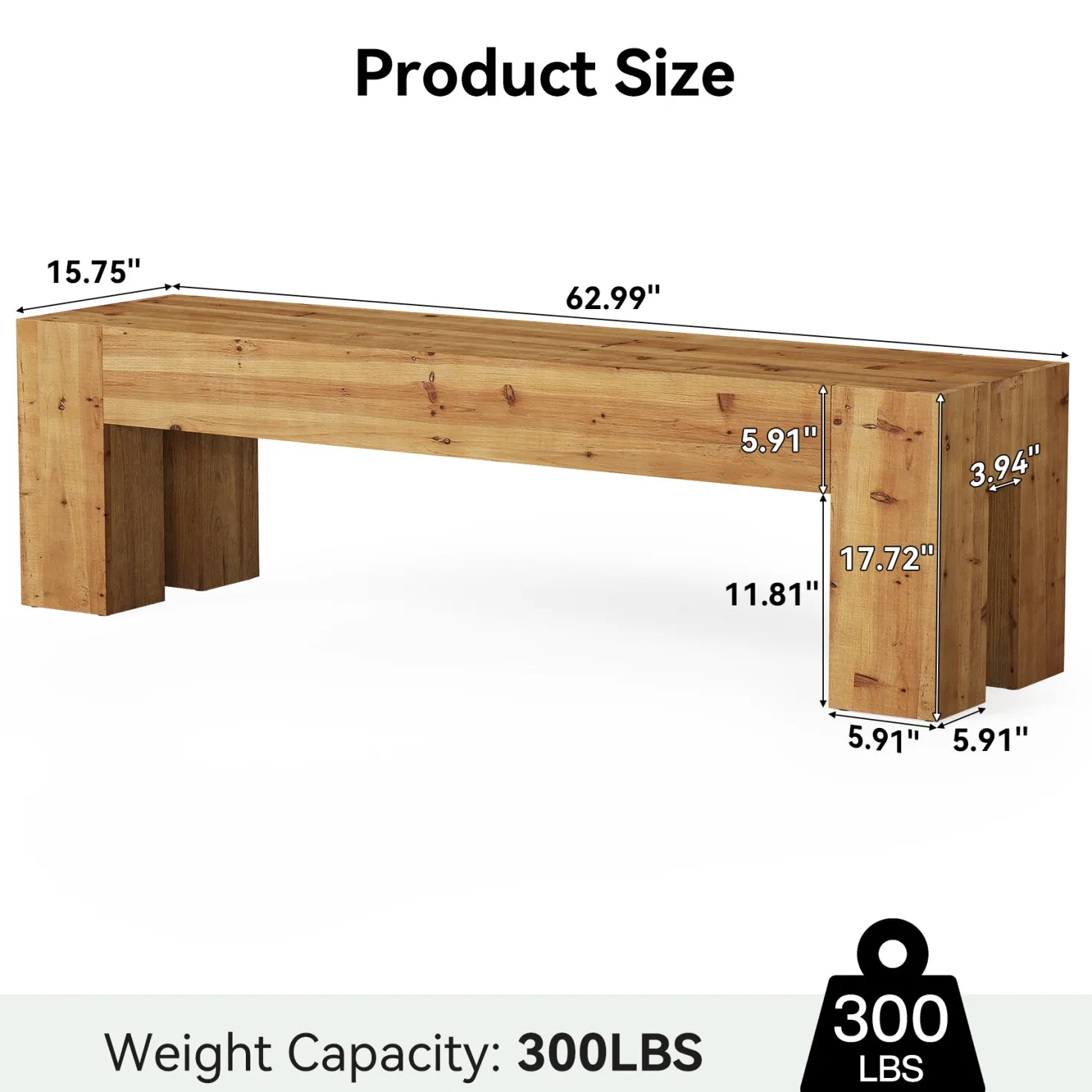 63" Long Dining Bench, Wood Kitchen Table Bench with Sturdy Frame