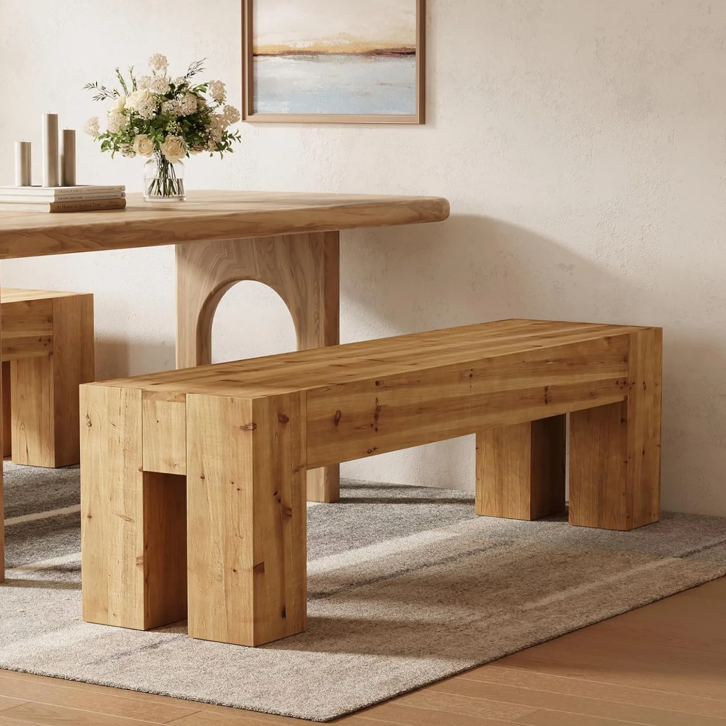 63" Long Dining Bench, Wood Kitchen Table Bench with Sturdy Frame