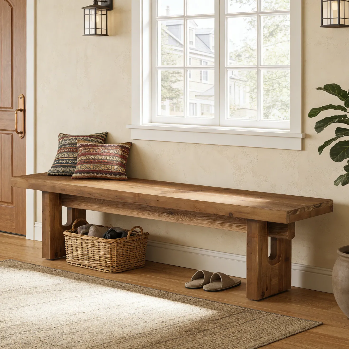 63“ Long Entryway Bench, Solid Wood End of Bed Indoor Seating