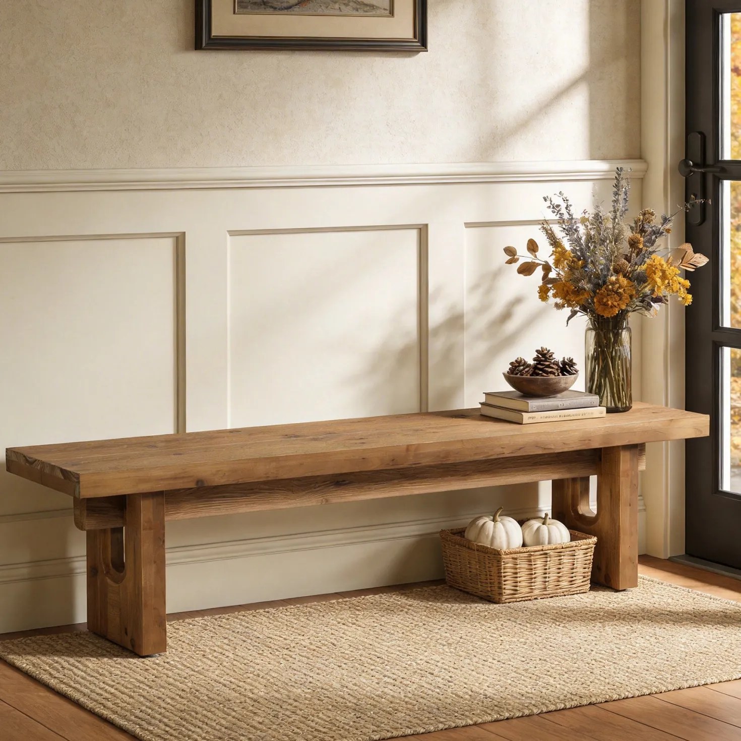 63“ Long Entryway Bench, Solid Wood End of Bed Indoor Seating