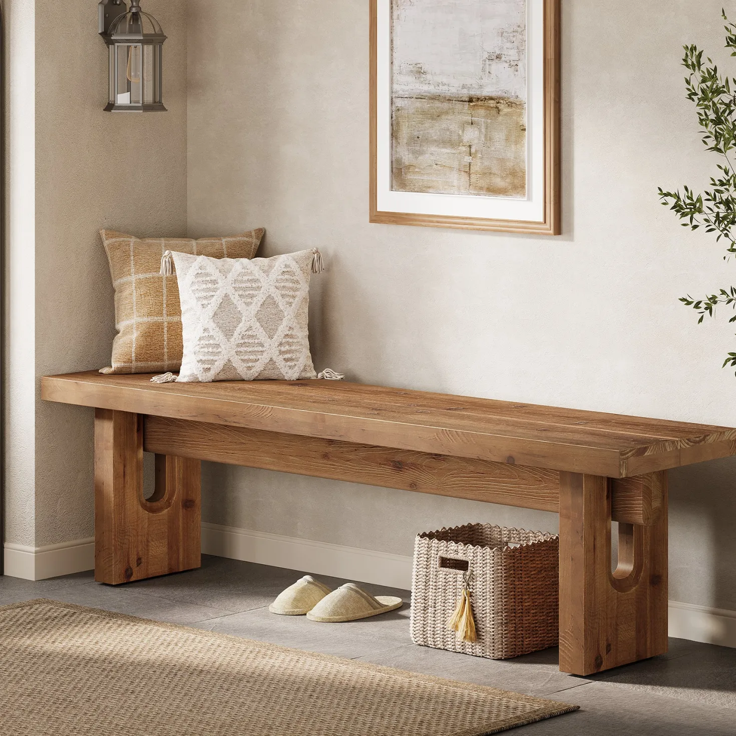 63“ Long Entryway Bench, Solid Wood End of Bed Indoor Seating