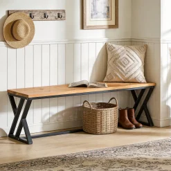 55" Long Entryway Bench, Solid Wood End of Bed Bench with Metal Legs