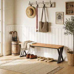 55" Long Entryway Bench, Solid Wood End of Bed Bench with Metal Legs