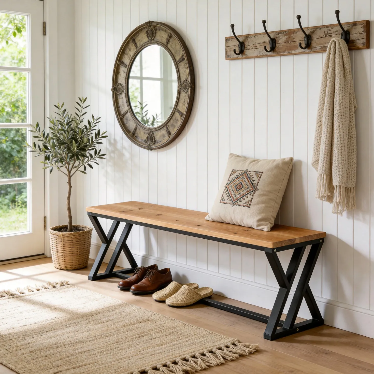 55" Long Entryway Bench, Solid Wood End of Bed Bench with Metal Legs