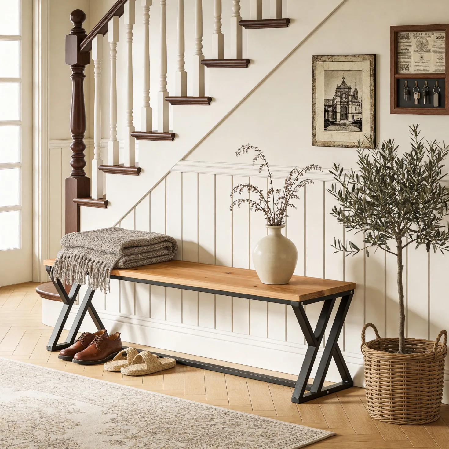 55" Long Entryway Bench, Solid Wood End of Bed Bench with Metal Legs