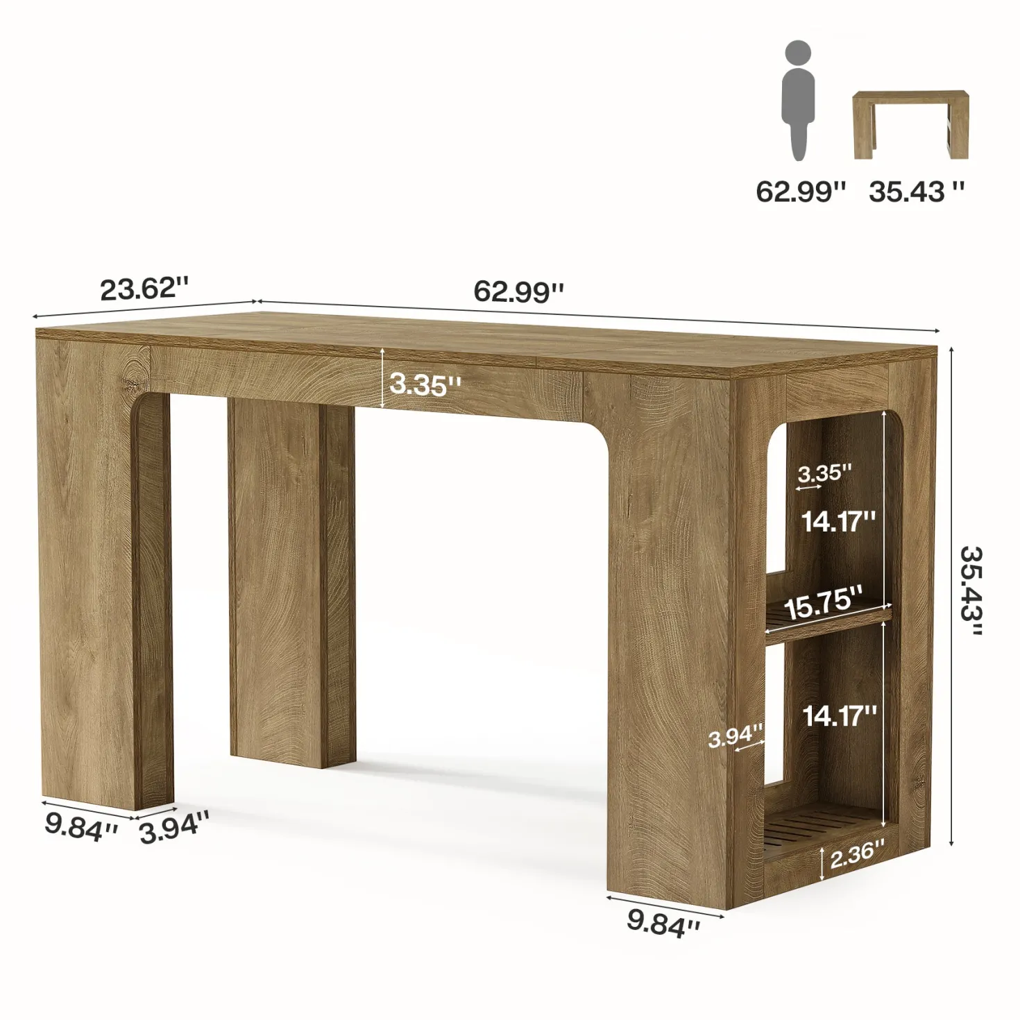 63" Long Kitchen Island, Counter Height Stationary Island Stand with Spacious Legroom