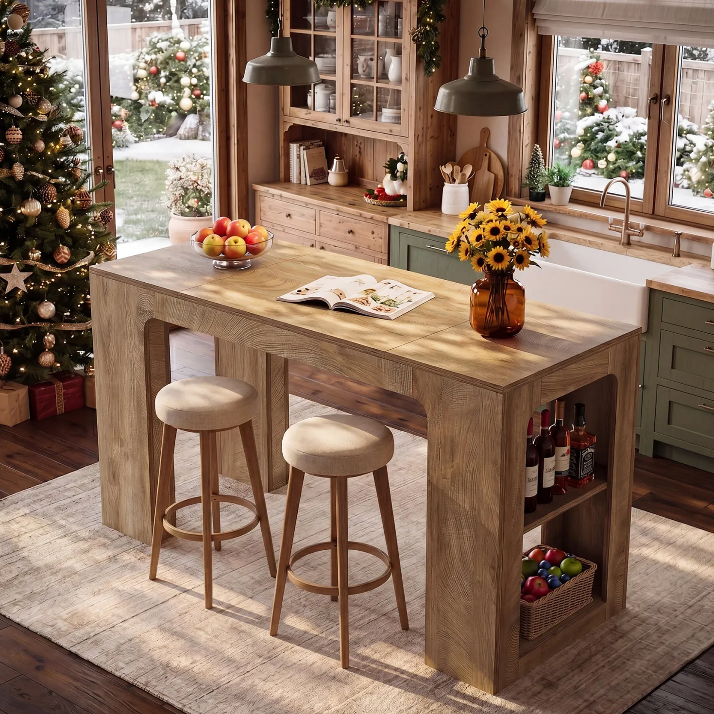 63" Long Kitchen Island, Counter Height Stationary Island Stand with Spacious Legroom
