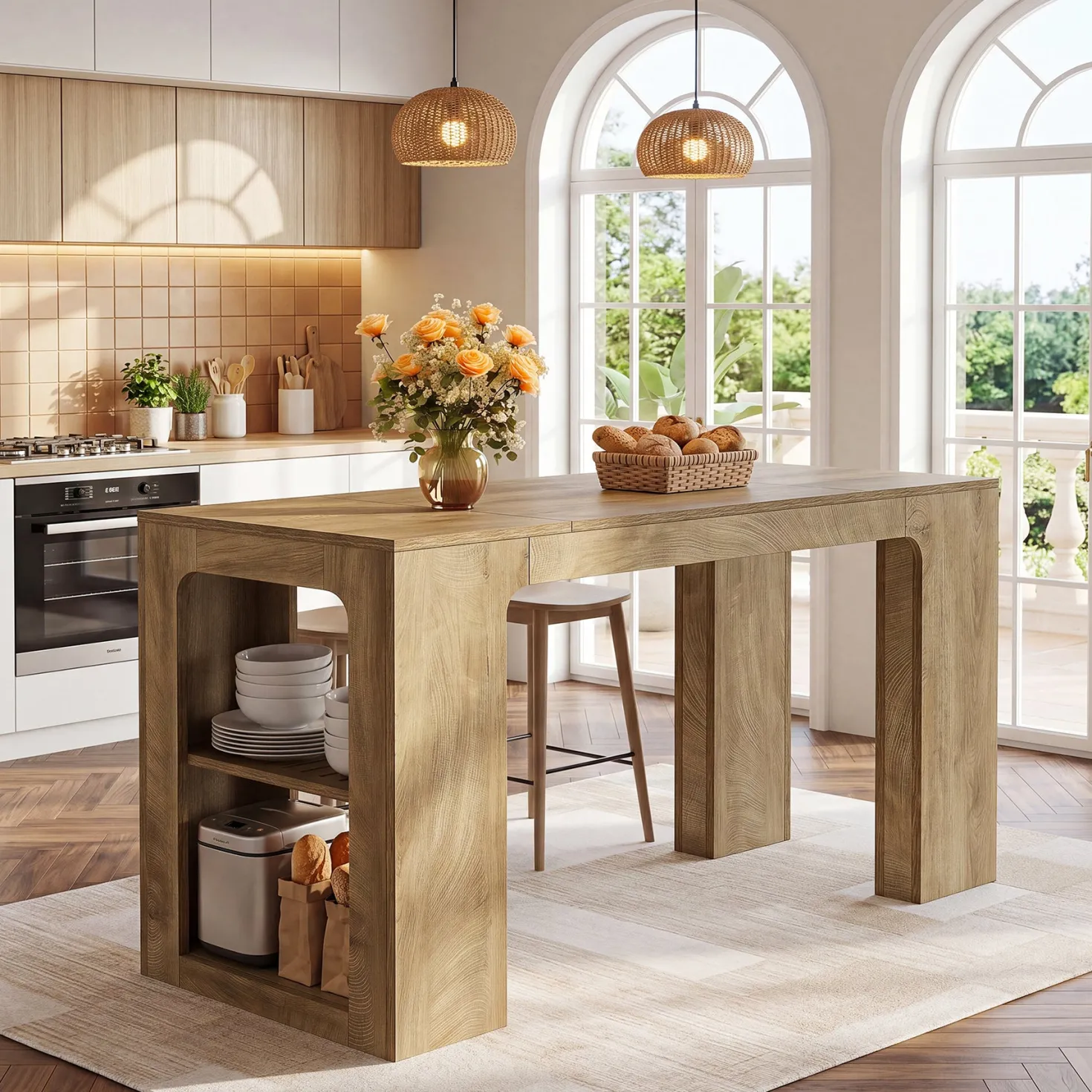 63" Long Kitchen Island, Counter Height Stationary Island Stand with Spacious Legroom