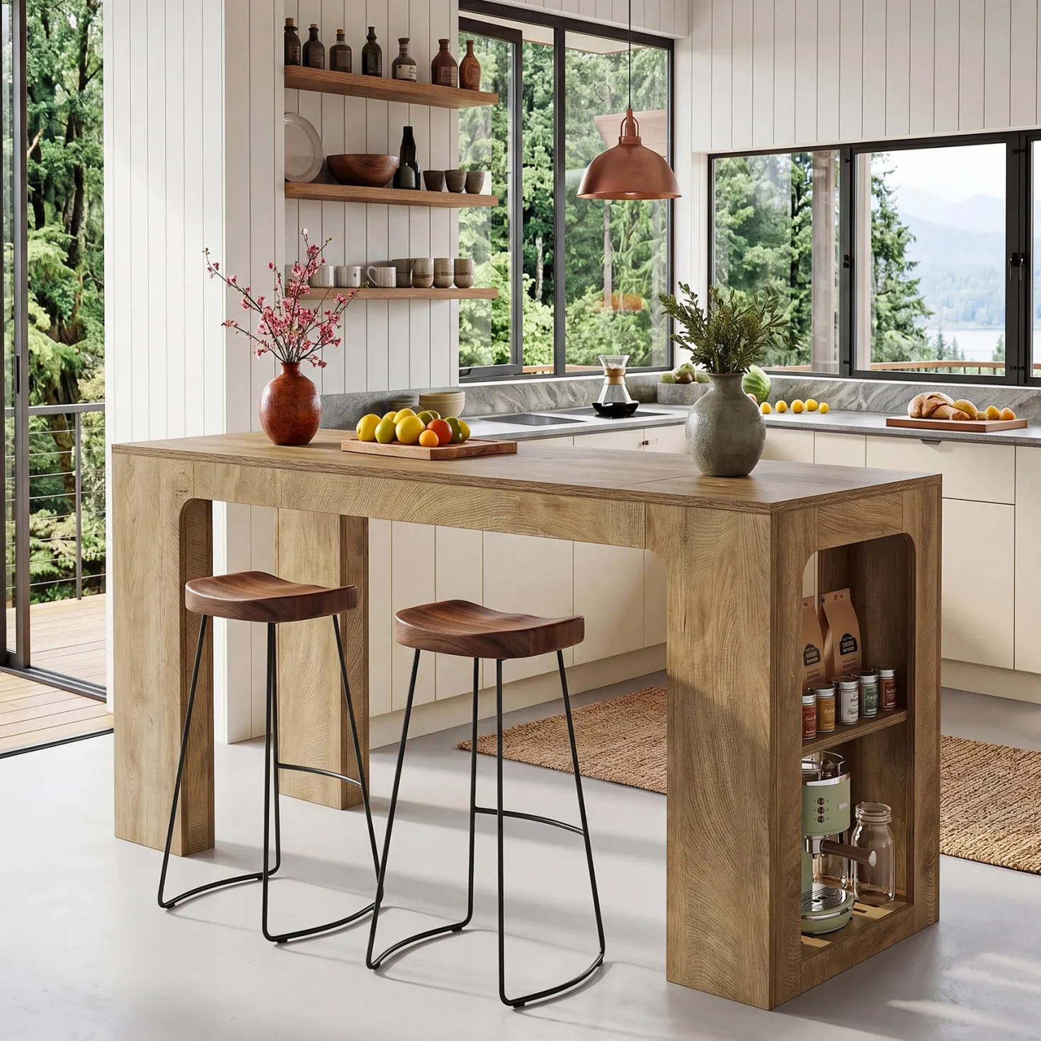 63" Long Kitchen Island, Counter Height Stationary Island Stand with Spacious Legroom