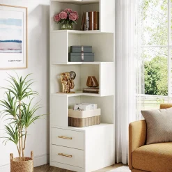 66.9" L-Shaped Bookshelf, Corner Bookcase With 5-Tier Shelf And 2 Drawers