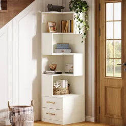 66.9" L-Shaped Bookshelf, Corner Bookcase With 5-Tier Shelf And 2 Drawers