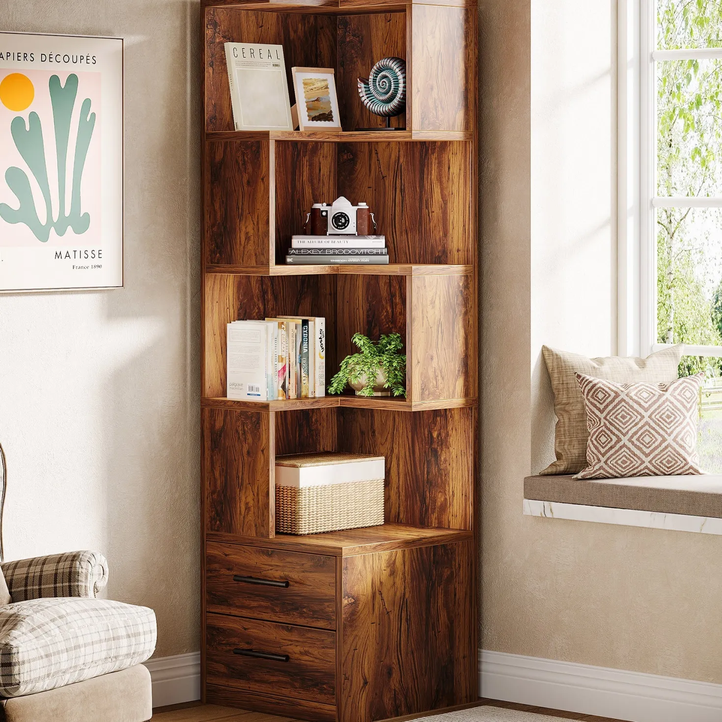 66.9" L-Shaped Bookshelf, Corner Bookcase With 5-Tier Shelf And 2 Drawers