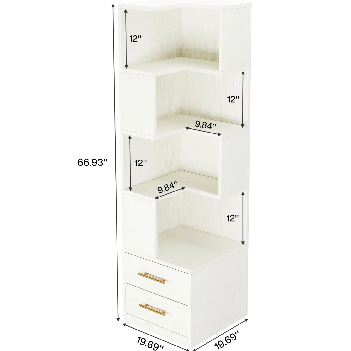 66.9" L-Shaped Bookshelf, Corner Bookcase With 5-Tier Shelf And 2 Drawers