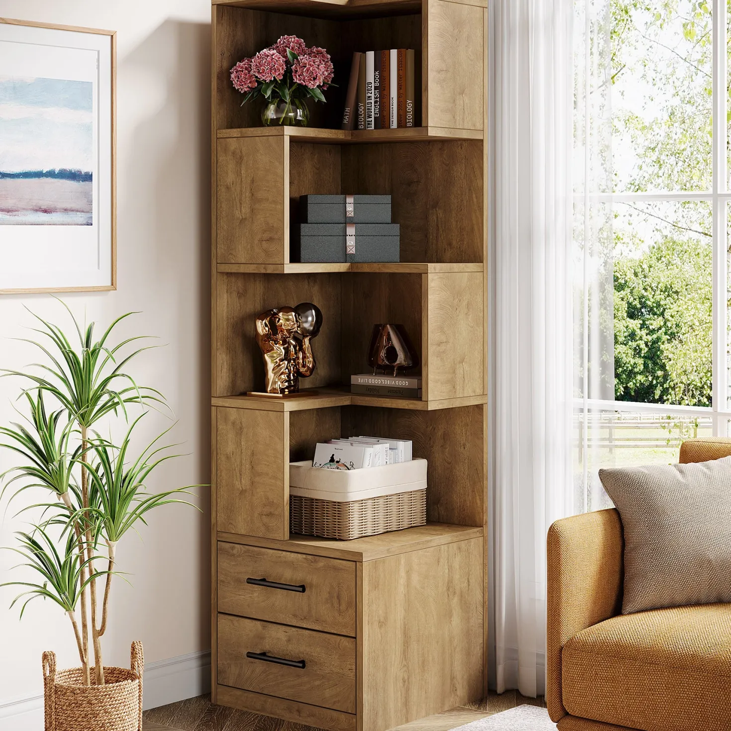 66.9" L-Shaped Bookshelf, Corner Bookcase With 5-Tier Shelf And 2 Drawers