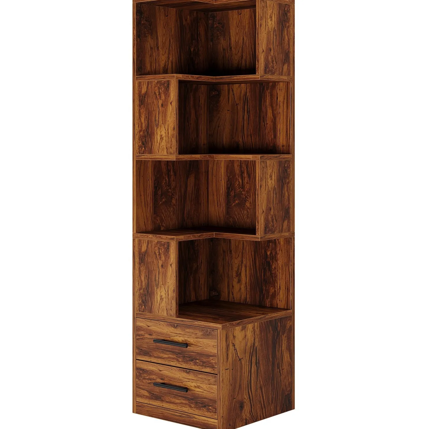 66.9" L-Shaped Bookshelf, Corner Bookcase With 5-Tier Shelf And 2 Drawers