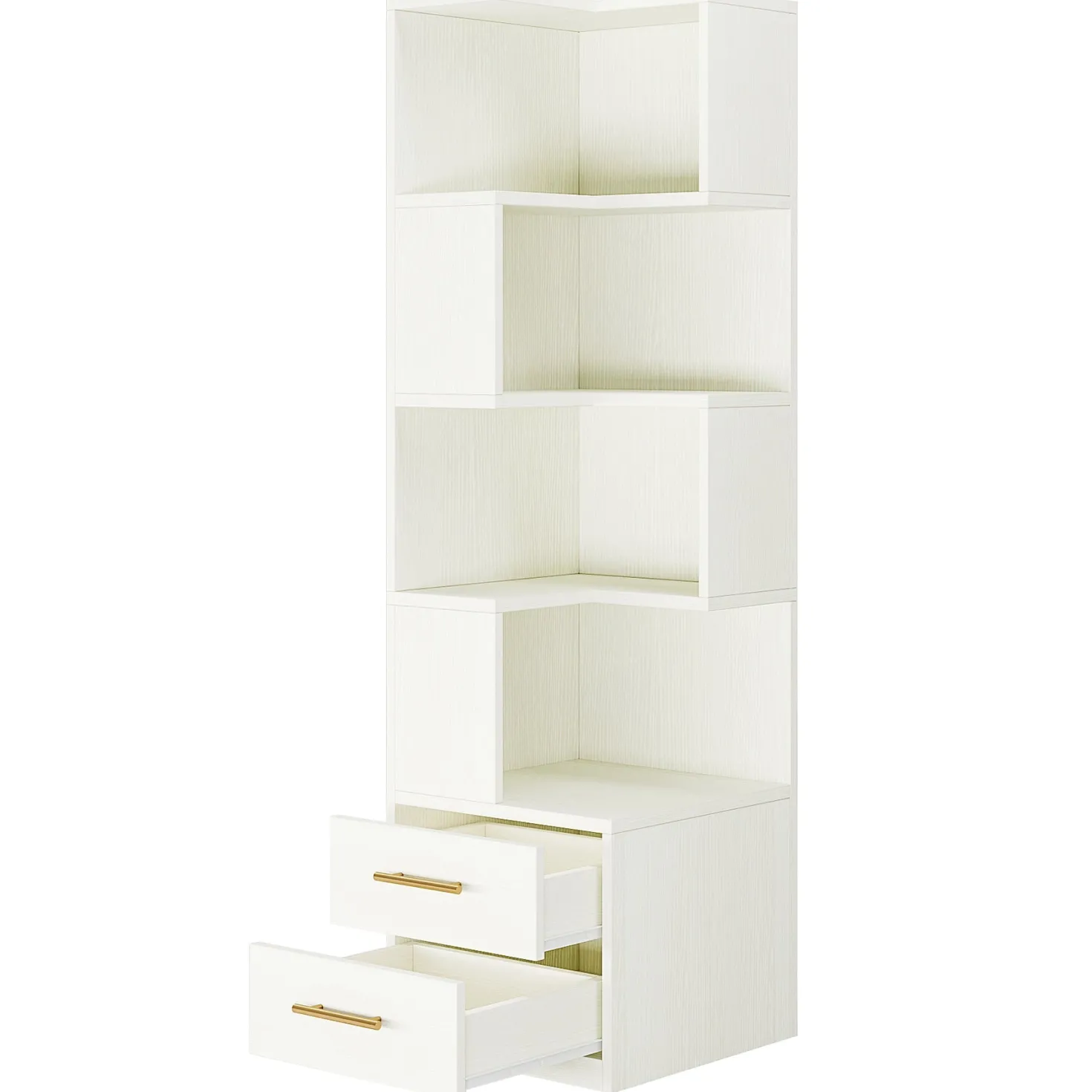66.9" L-Shaped Bookshelf, Corner Bookcase With 5-Tier Shelf And 2 Drawers