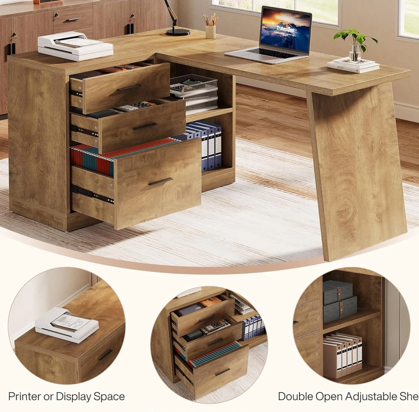 55" L-Shaped Computer Desk, Corner Executive Desk Home Office Desk with 3 Drawers