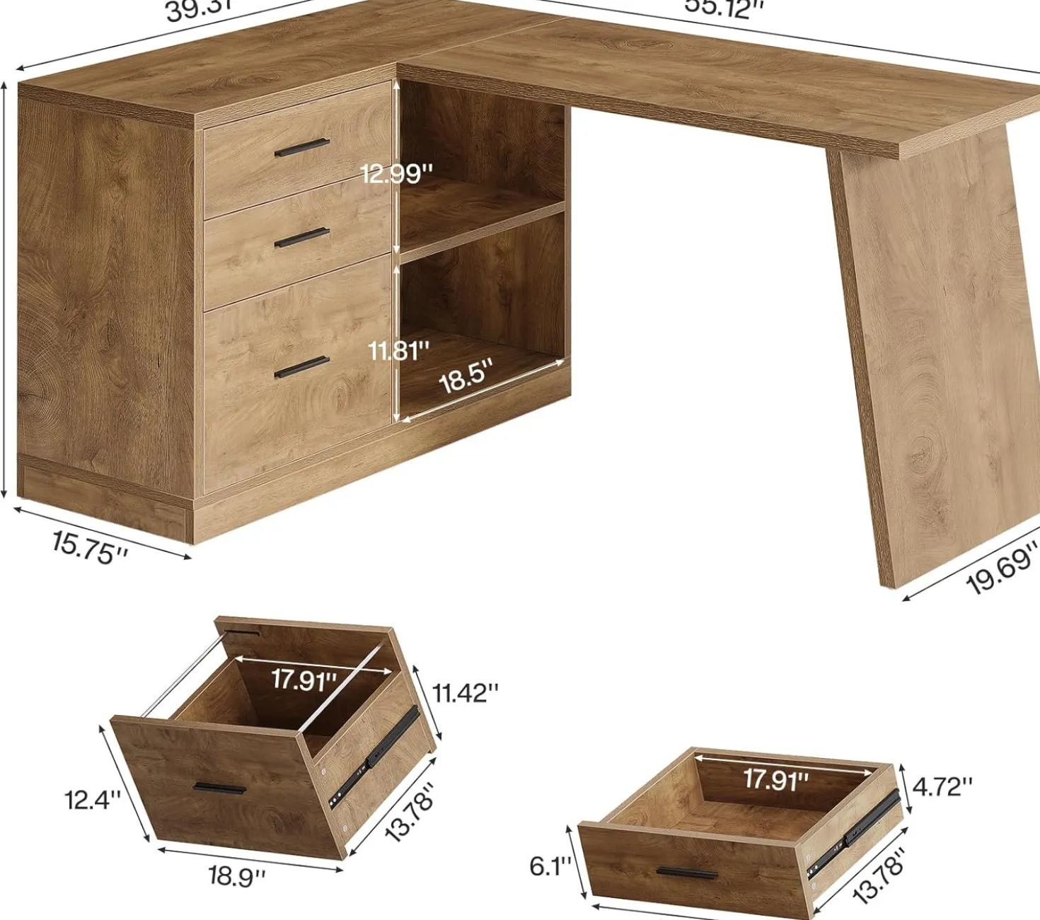 55" L-Shaped Computer Desk, Corner Executive Desk Home Office Desk with 3 Drawers