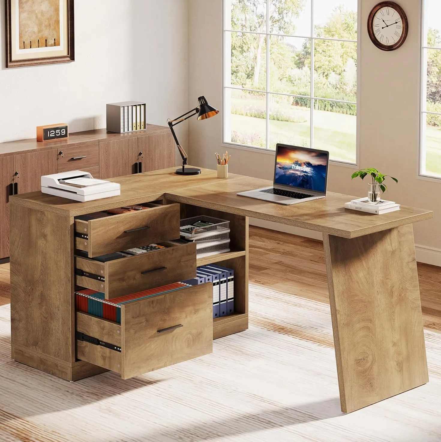 55" L-Shaped Computer Desk, Corner Executive Desk Home Office Desk with 3 Drawers