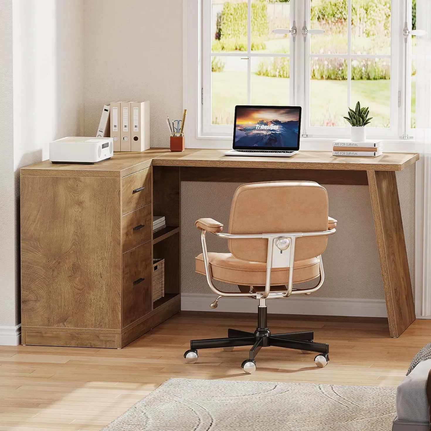 55" L-Shaped Computer Desk, Corner Executive Desk Home Office Desk with 3 Drawers