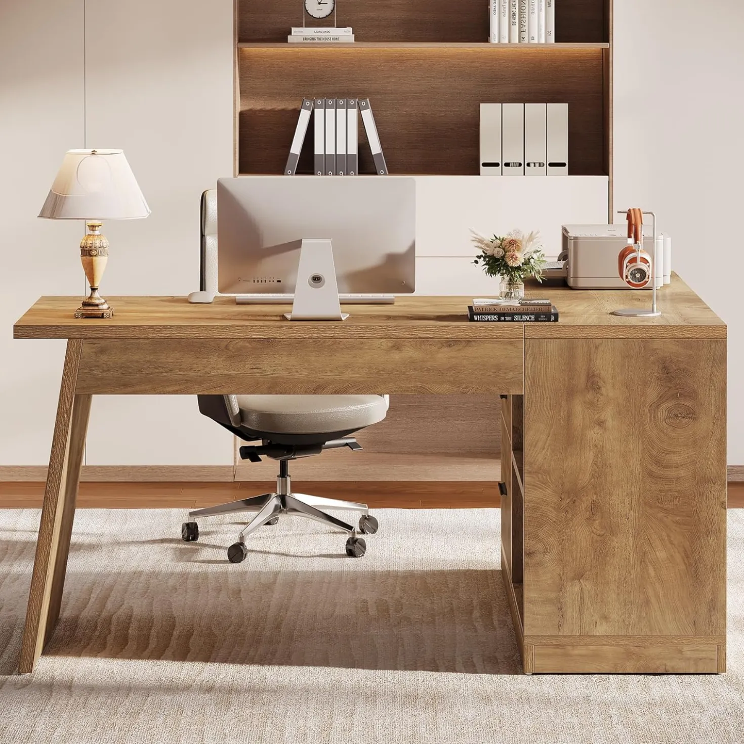 55" L-Shaped Computer Desk, Corner Executive Desk Home Office Desk with 3 Drawers
