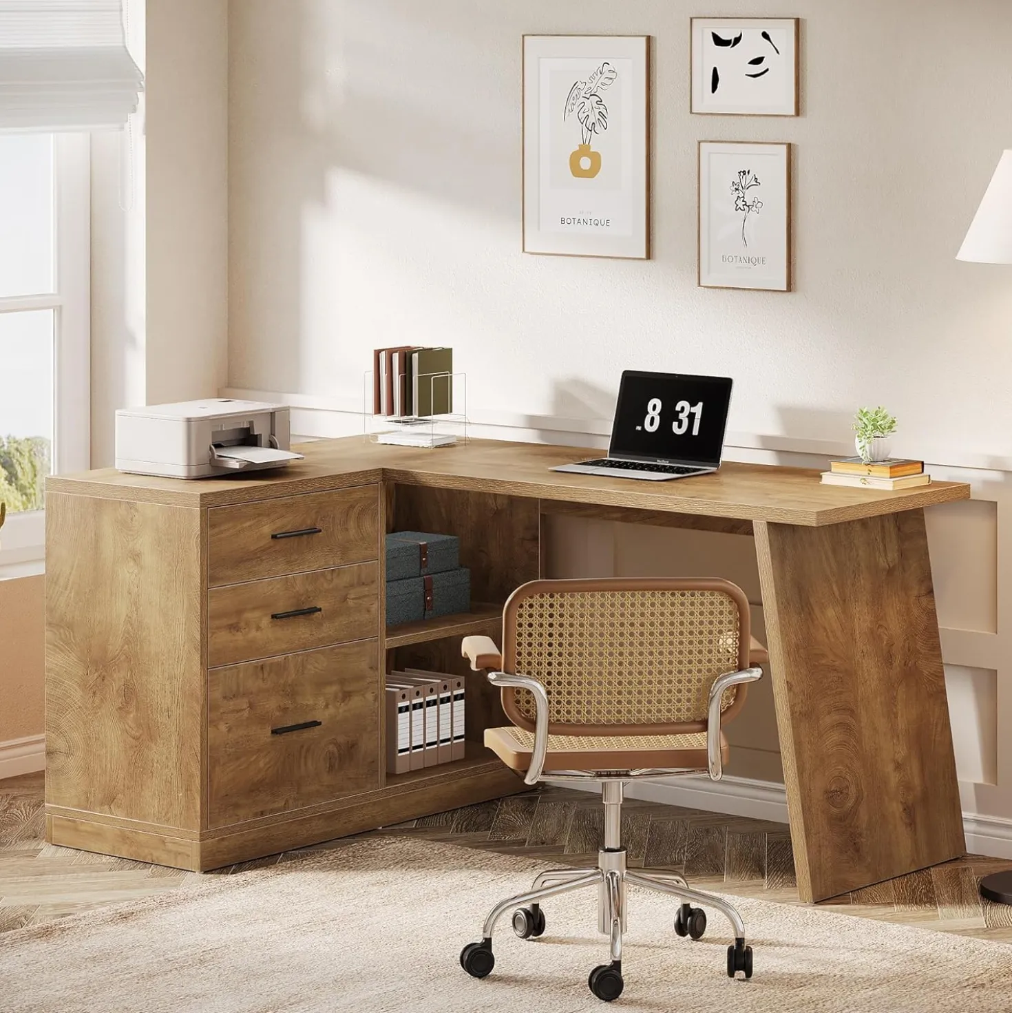 55" L-Shaped Computer Desk, Corner Executive Desk Home Office Desk with 3 Drawers